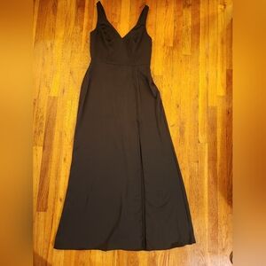 Azazie Black Satin Deep V-Neck Dress With Side Split Size 10 Excellent Condition